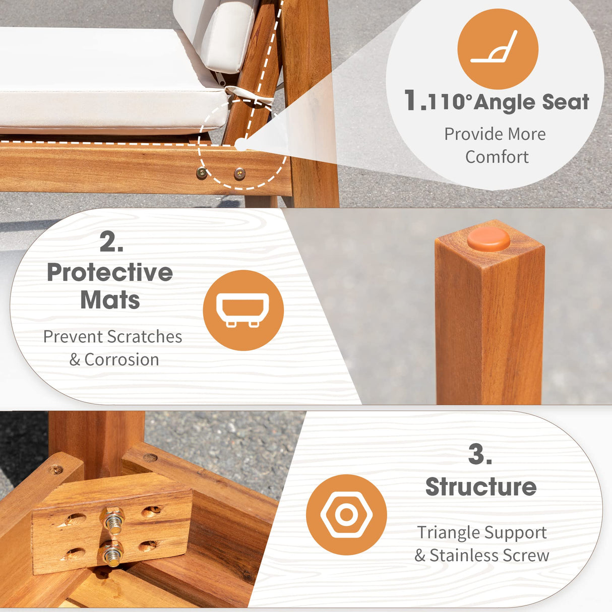 Devoko Patio Set 3 Piece Acacia Wood Outdoor Furniture Conversation Seat with Table & Cushions Porch Chairs for Balcony, Deck, Backyard, Beige Devoko