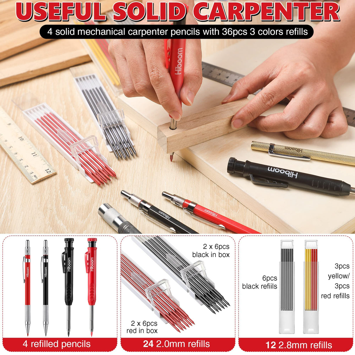 Hiboom 10 Pack Carpenter Pencil Set, 4 Colorful Solid Carpenter Pencils with Sharpener and Refills, Automatic Center Punch, Carbide Scribe Tool Kit Hiboom