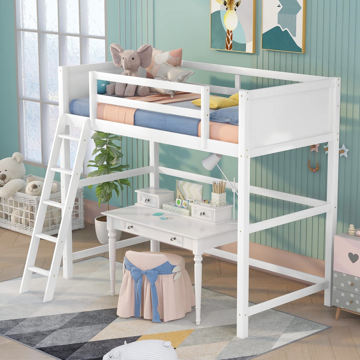 Stylish White Twin Loft Bed Frame with Angled Ladder by Harper & Bright Designs - WoodArtSupply