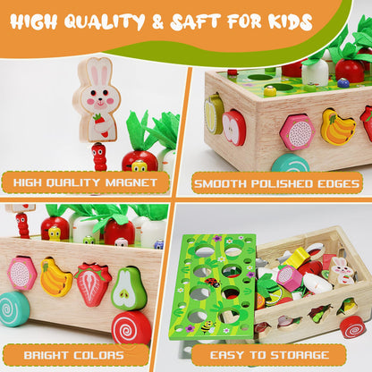 Montessori Wooden Educational Toys for 1 2 3 4 Year Old Baby Boys Girls, Wood Carrot Harvest Orchard Car Shape Sorting Toys 1st Birthday Gifts for