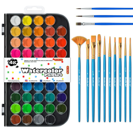 Shuttle Art 58 Pack Watercolor Paint Set, 48 Colors Watercolor Pan with 10 Paint Brushes for Beginners, Artists, Kids & Adults to Watercolor Paint, Shuttle Art