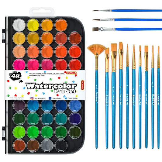 Shuttle Art 58 Pack Watercolor Paint Set, 48 Colors Watercolor Pan with 10 Paint Brushes for Beginners, Artists, Kids & Adults to Watercolor Paint, - WoodArtSupply