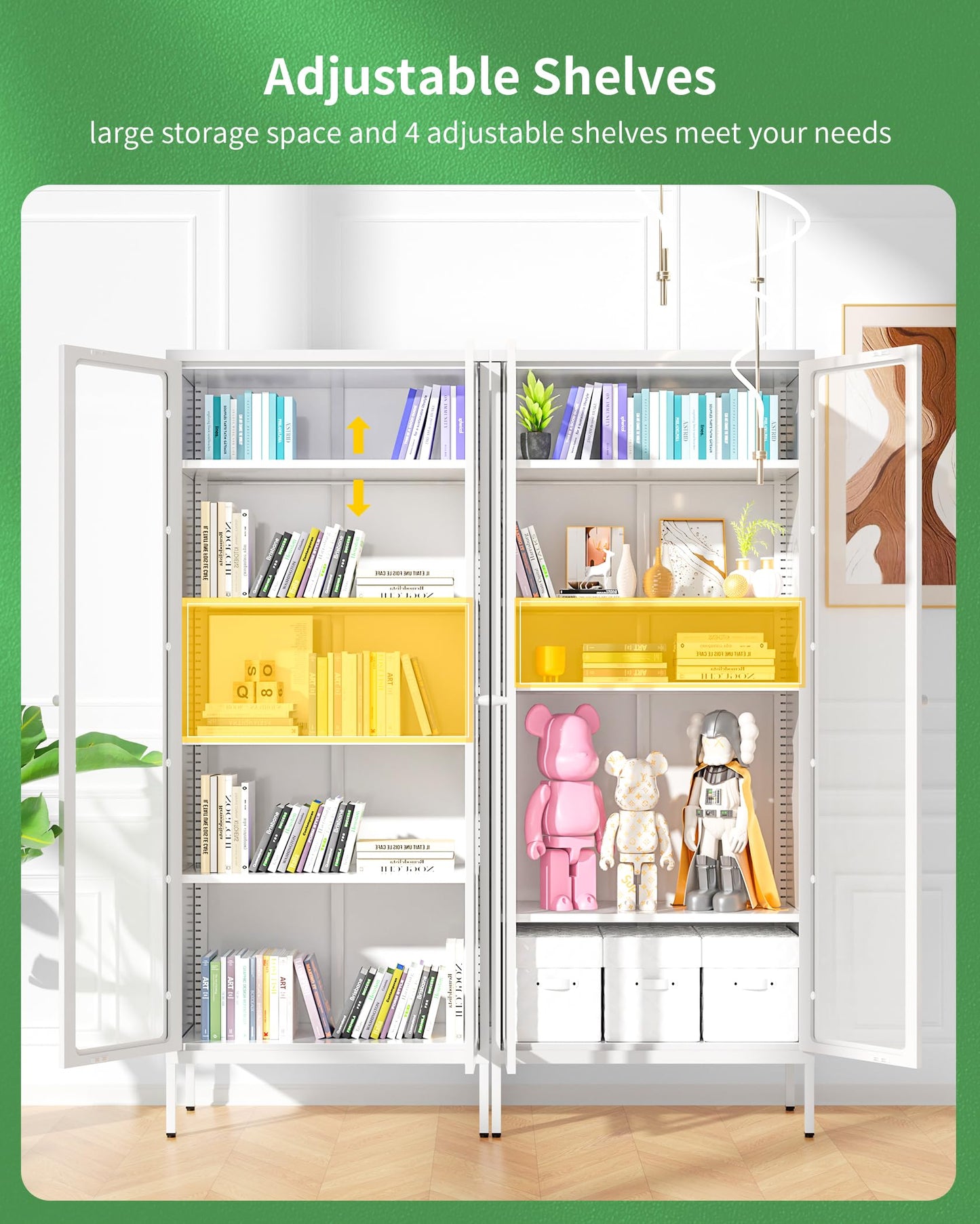 Greenvelly White Metal Storage Cabinet, Tall Curio Display Glass Cabinet Bookcase with 2 Glass Doors and 4 Shelves, Modern Floor Utility Locker for