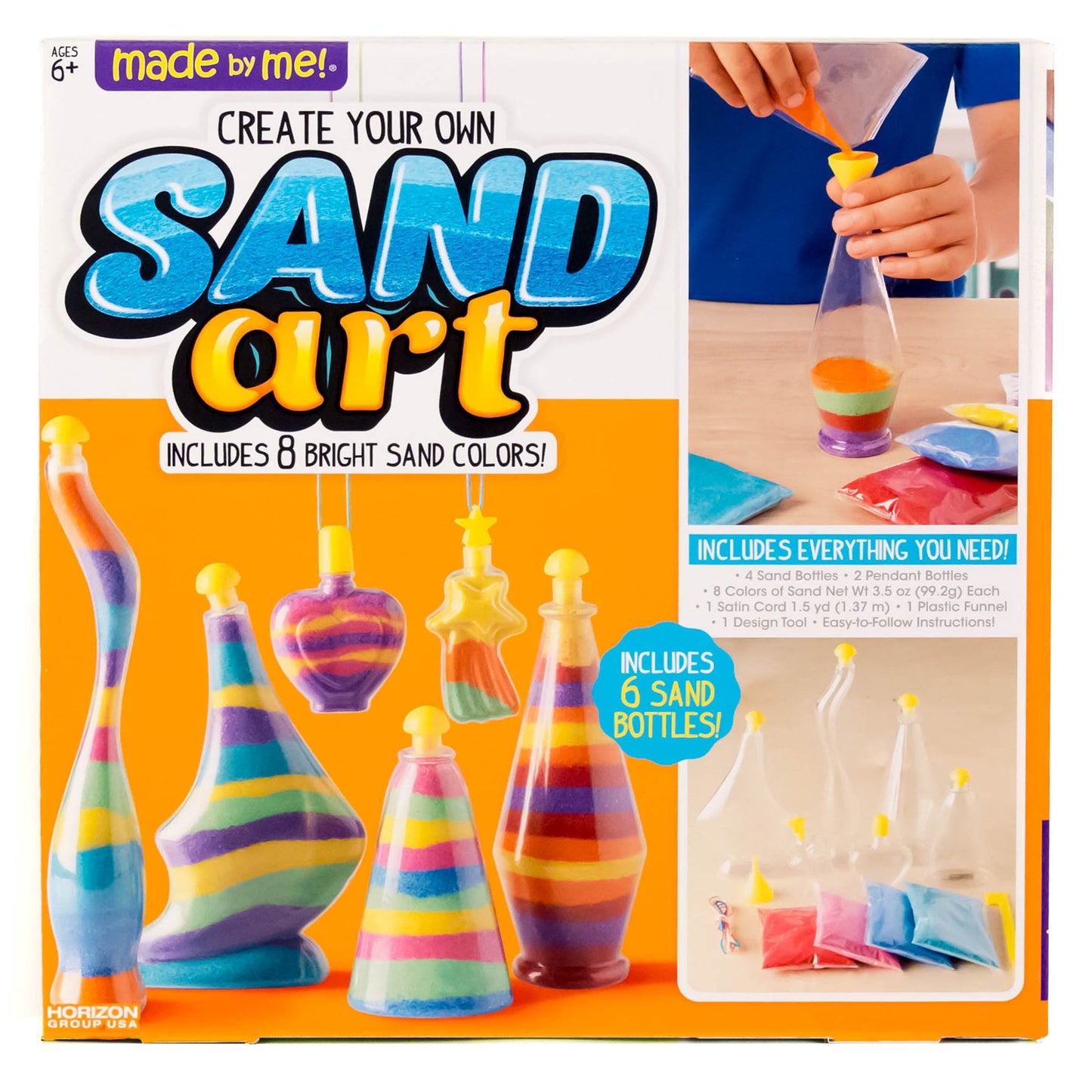 Made By Me Create Your Own Sand Art by Horizon Group Usa, DIY Kit Includes 4 Sand Bottles & 2 Pendent Bottles with 8 Bright Colors, Designing Tool &