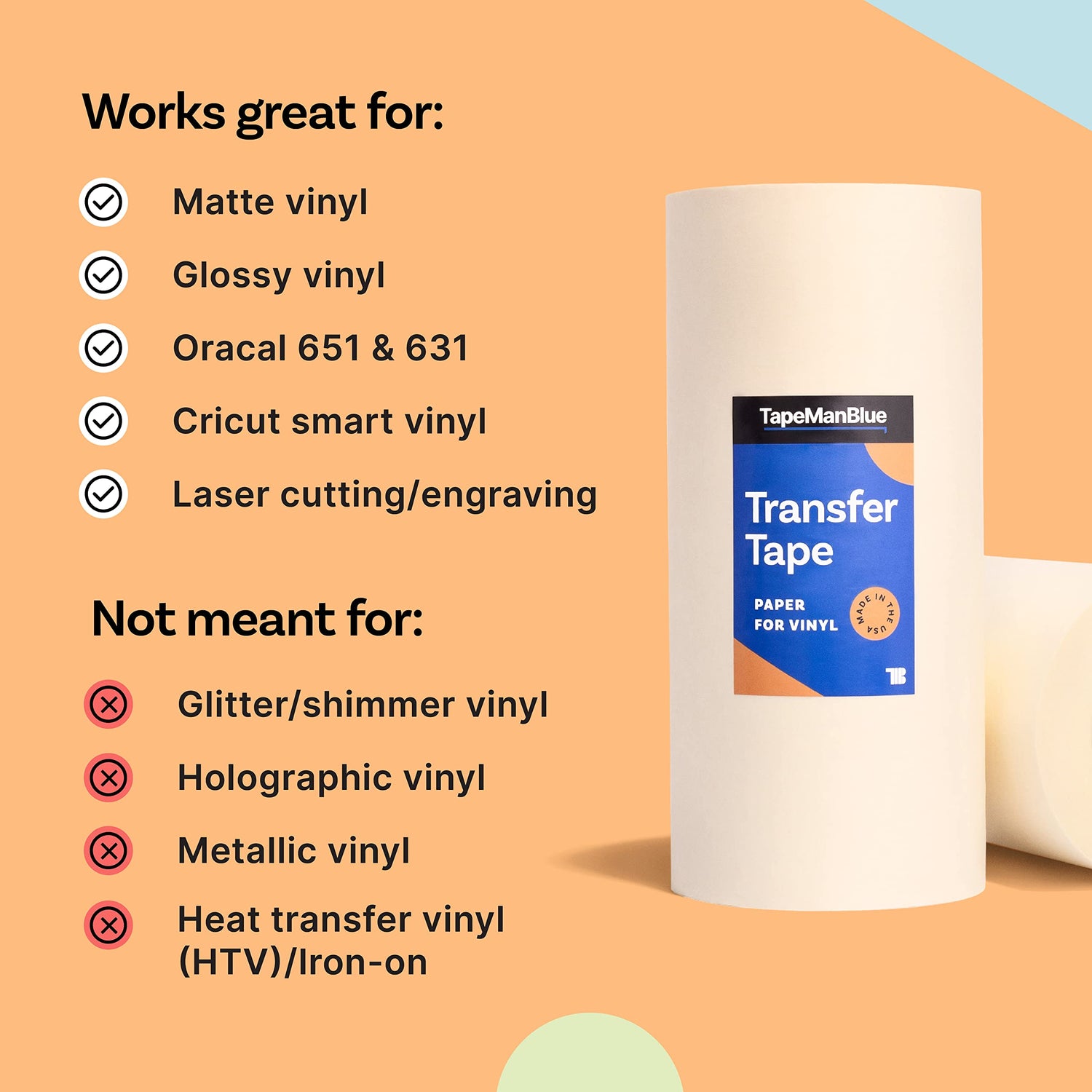 12" x 300' Roll of Paper Transfer Tape for Vinyl, Made in America, Premium-Grade Transfer Paper for Vinyl with Layflat Adhesive for Cricut Vinyl TapeManBlue