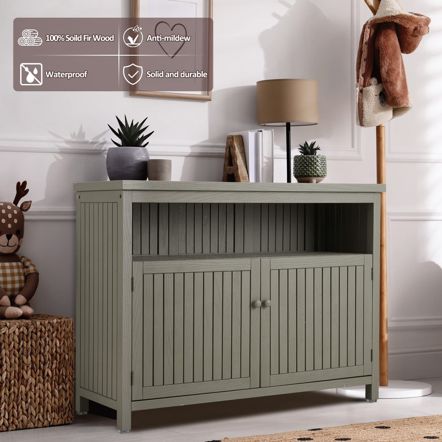 AHB Outdoor Console Sideboards Buffet Cabinet, Solid Wood Storage Cabinet TV Stand,Furniture for Patio Entryway Deck(Grey) AHB