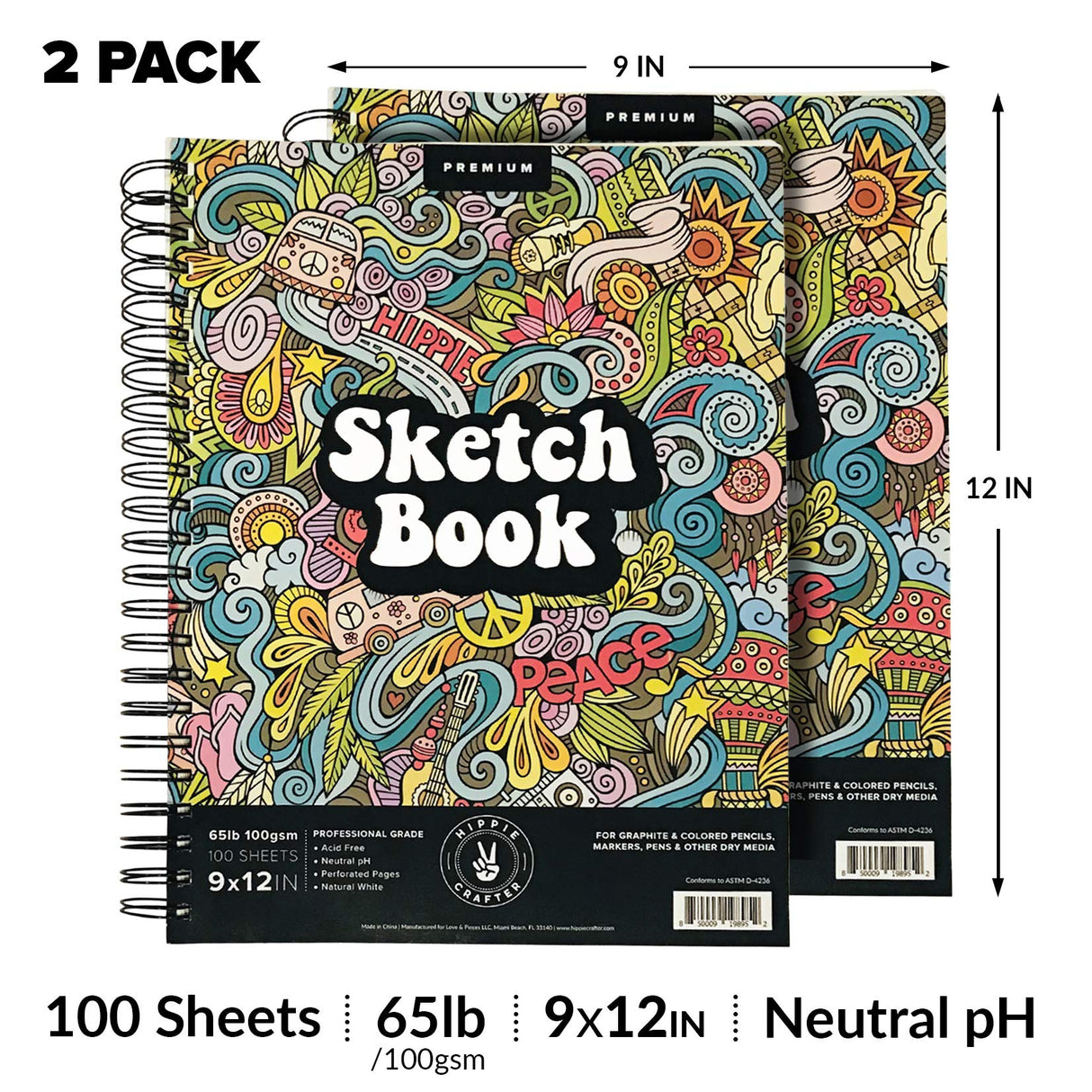 Marker Sketch Book Pack 9 x 12 inches Sketchpad, 2 Pack Pads 100 Sheets Marker Sketchbook for Drawing Spiral Sketch Book Bound 65lb Sketch Book for HIPPIE CRAFTER