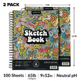 Marker Sketch Book Pack 9 x 12 inches Sketchpad, 2 Pack Pads 100 Sheets Marker Sketchbook for Drawing Spiral Sketch Book Bound 65lb Sketch Book for HIPPIE CRAFTER