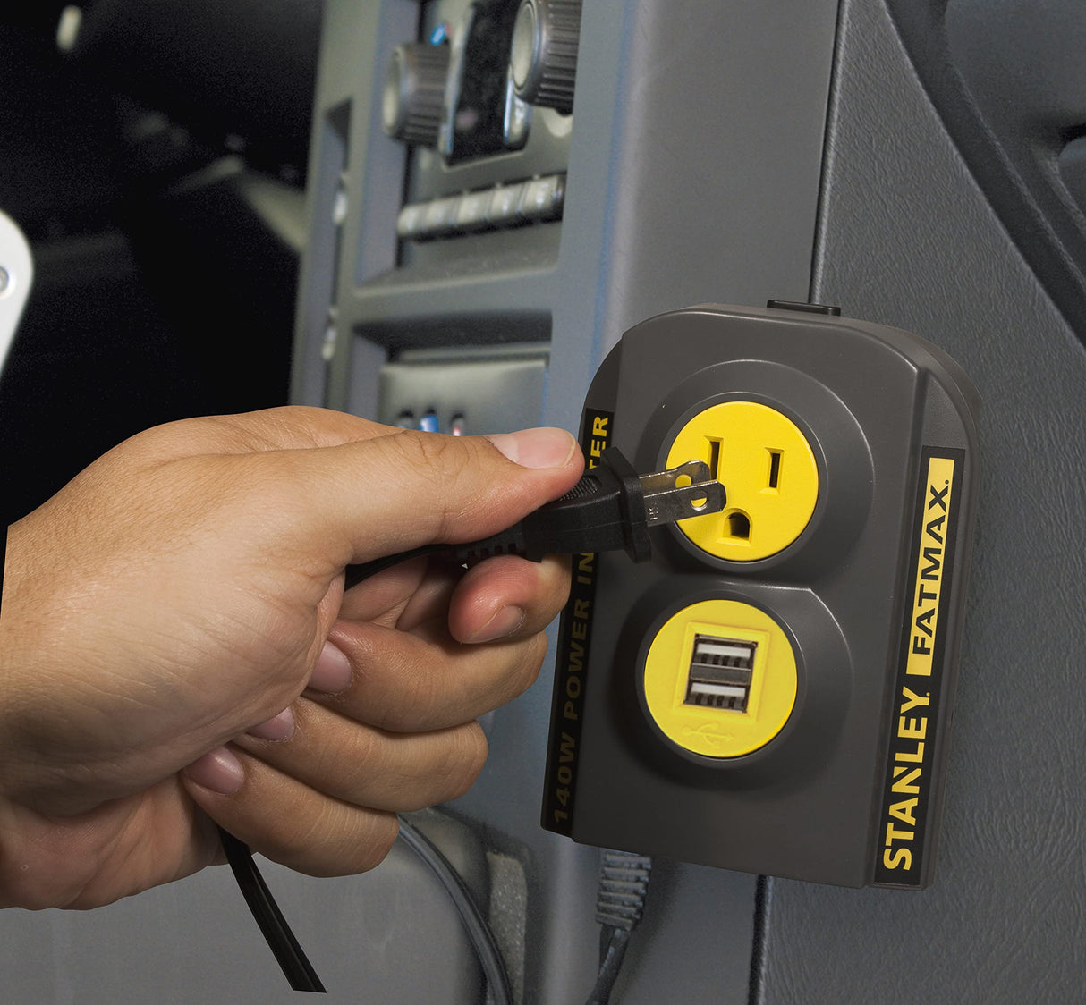 STANLEY FATMAX PCI140 140W Power Inverter: 12V DC to 120V AC Power Outlet with Dual USB Ports STANLEY