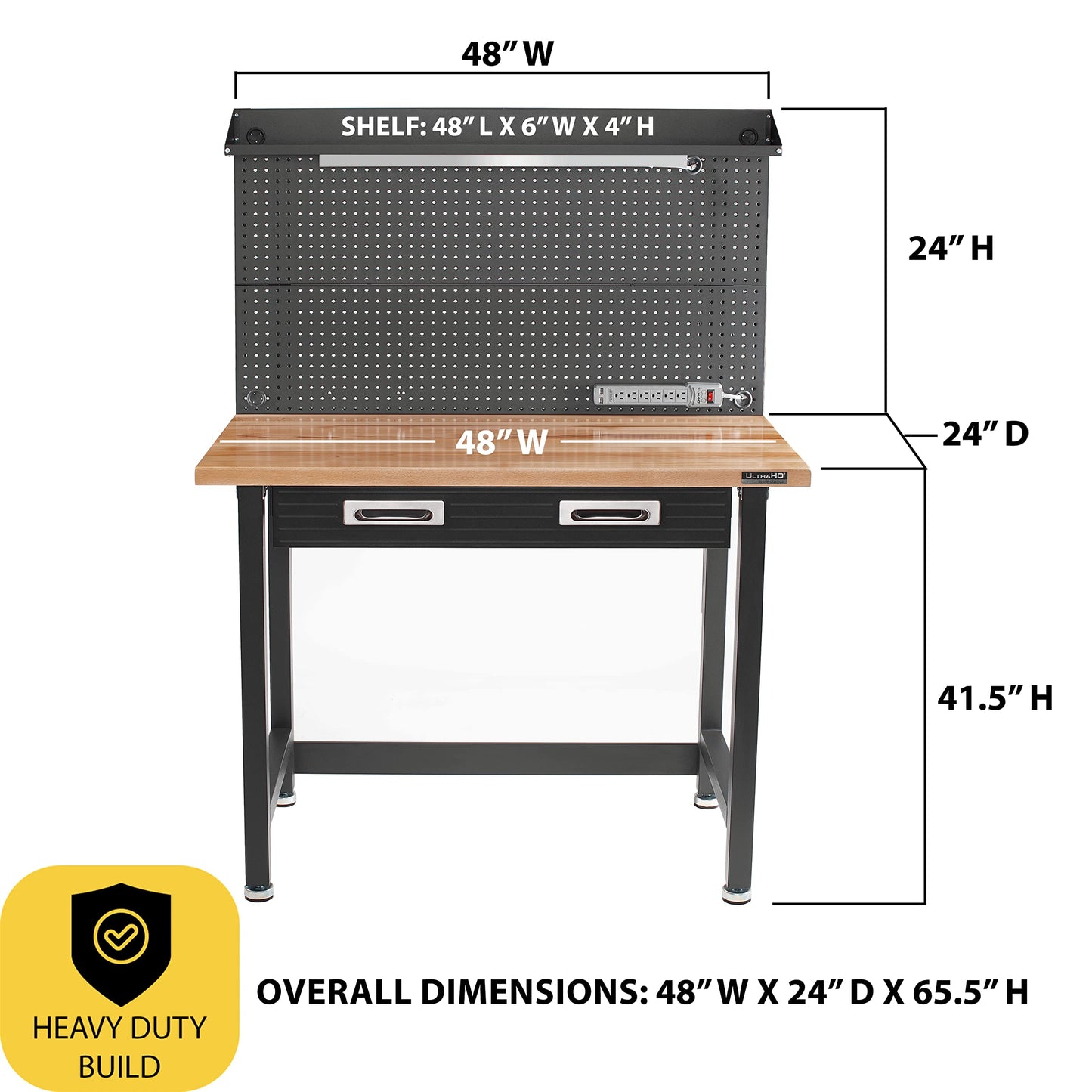 Seville Classics UltraHD Heavy Duty Commercial Lighted Workcenter w/Pegboard, 500 lbs. Weight Capacity for Garage, Warehouse, Workshop, Solid Wood