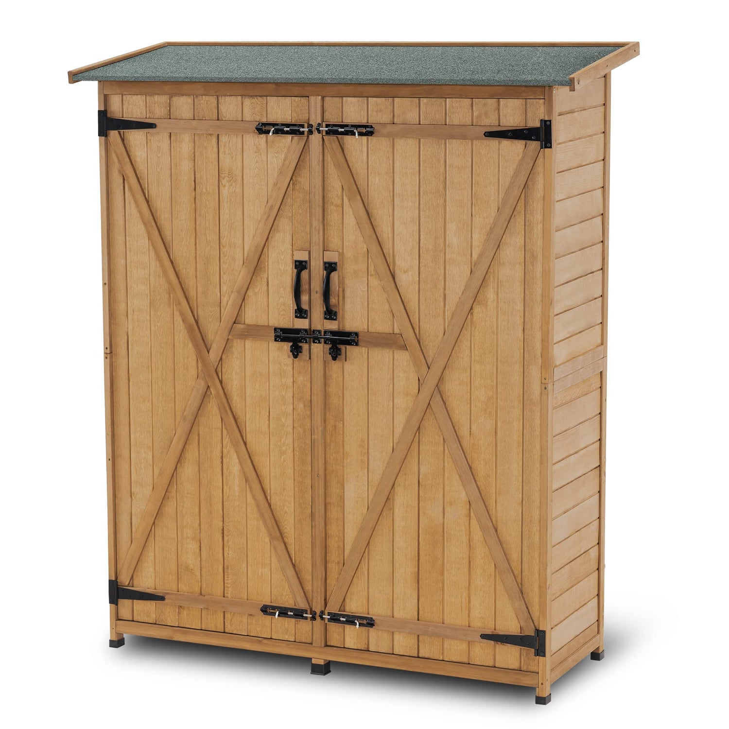 MCombo Outdoor Storage Cabinet, Wood Garden Shed, Outside Tool Shed, Vertical Organizer Cabinet with Double Lockable Doors for Outside, Garden and mcombo