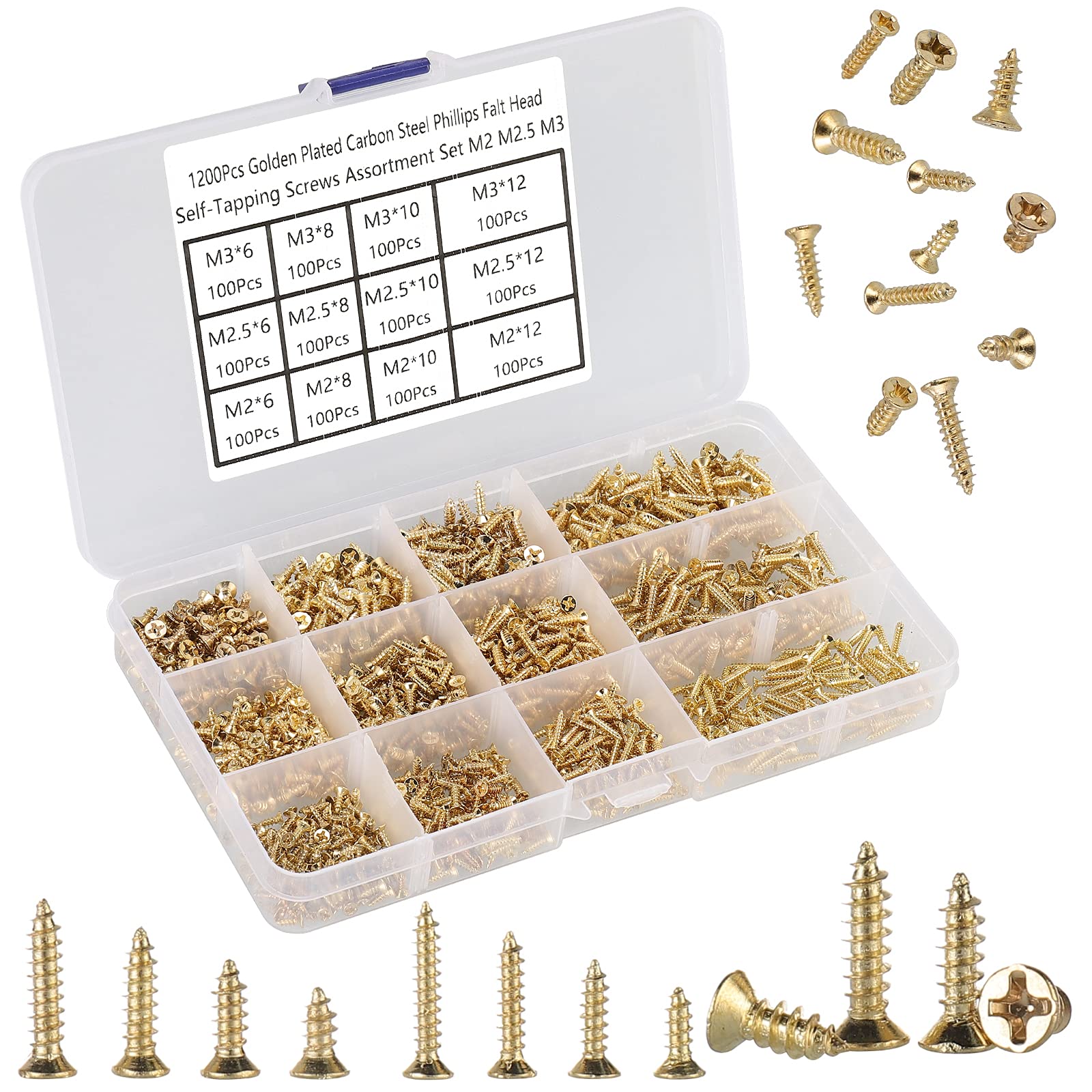 HanTof 1200Pcs Tiny Phillips Flat Head Self Tapping Screws for Wood, Plastic and Soft Metal. M2 M2.5 M3 Small Countersunk Tapper Screws Set for DIY - WoodArtSupply