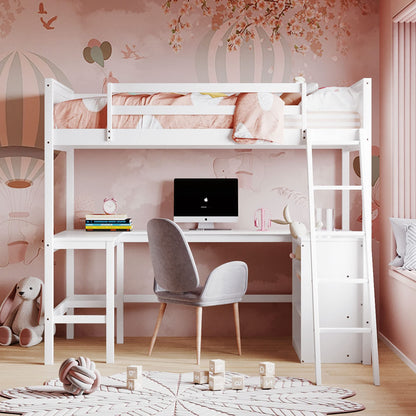 Harper & Bright Designs Twin Loft Bed with Desk and Storage Shelves in White - WoodArtSupply