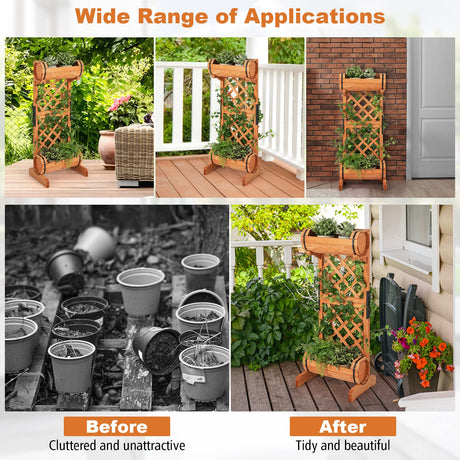 S AFSTAR Raised Garden Bed with Trellis, Outdoor Wood Garden Planter W/ 2-Tier Round Planter Box & Trellis for Vine Climbing Plants Growing, Vertical S AFSTAR