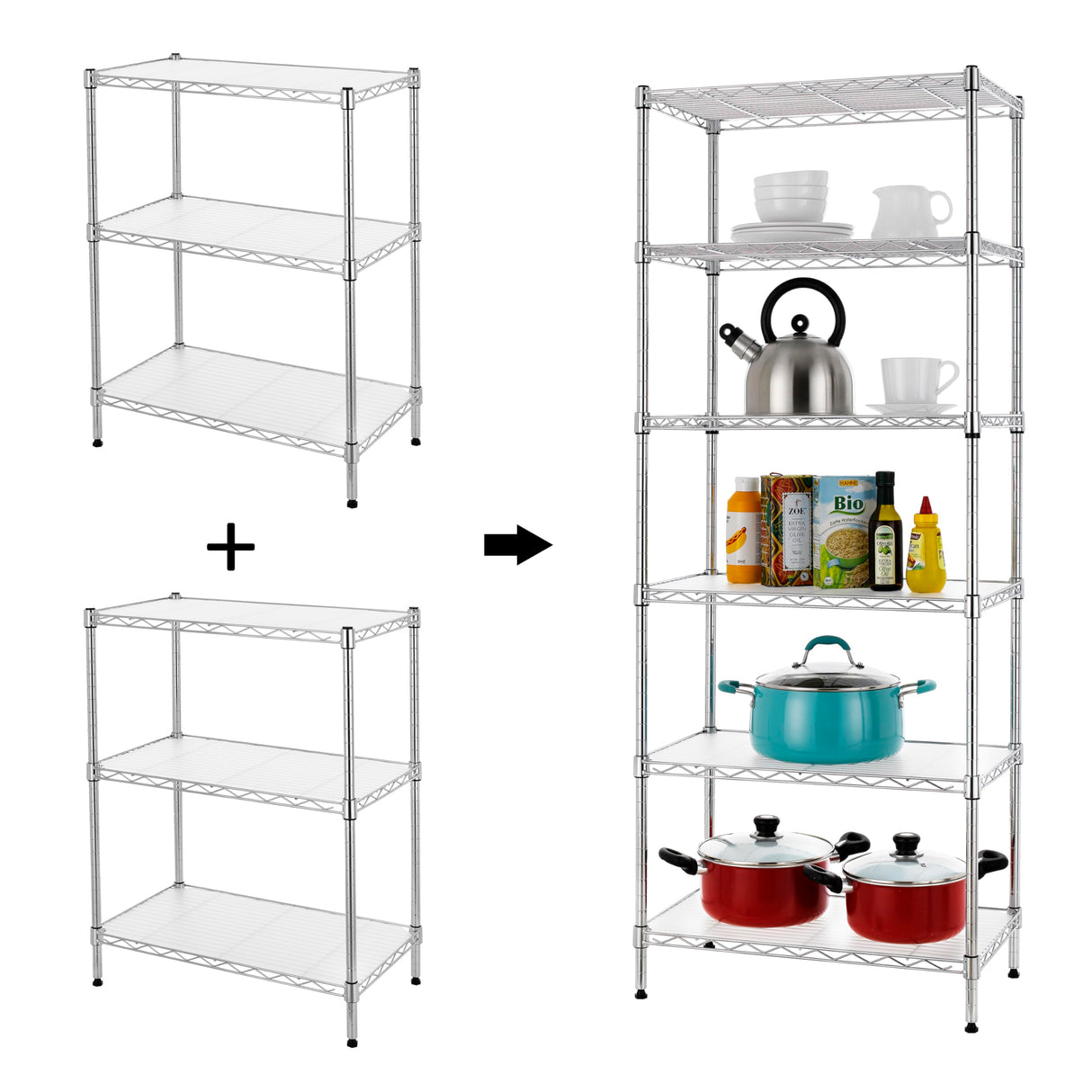 Finnhomy 6-Tier Wire Shelving Unit Adjustable Steel Wire Rack Shelving 6 Shelves Steel Storage Rack or Two 3 Tier Shelving Units with PE mat and Finnhomy