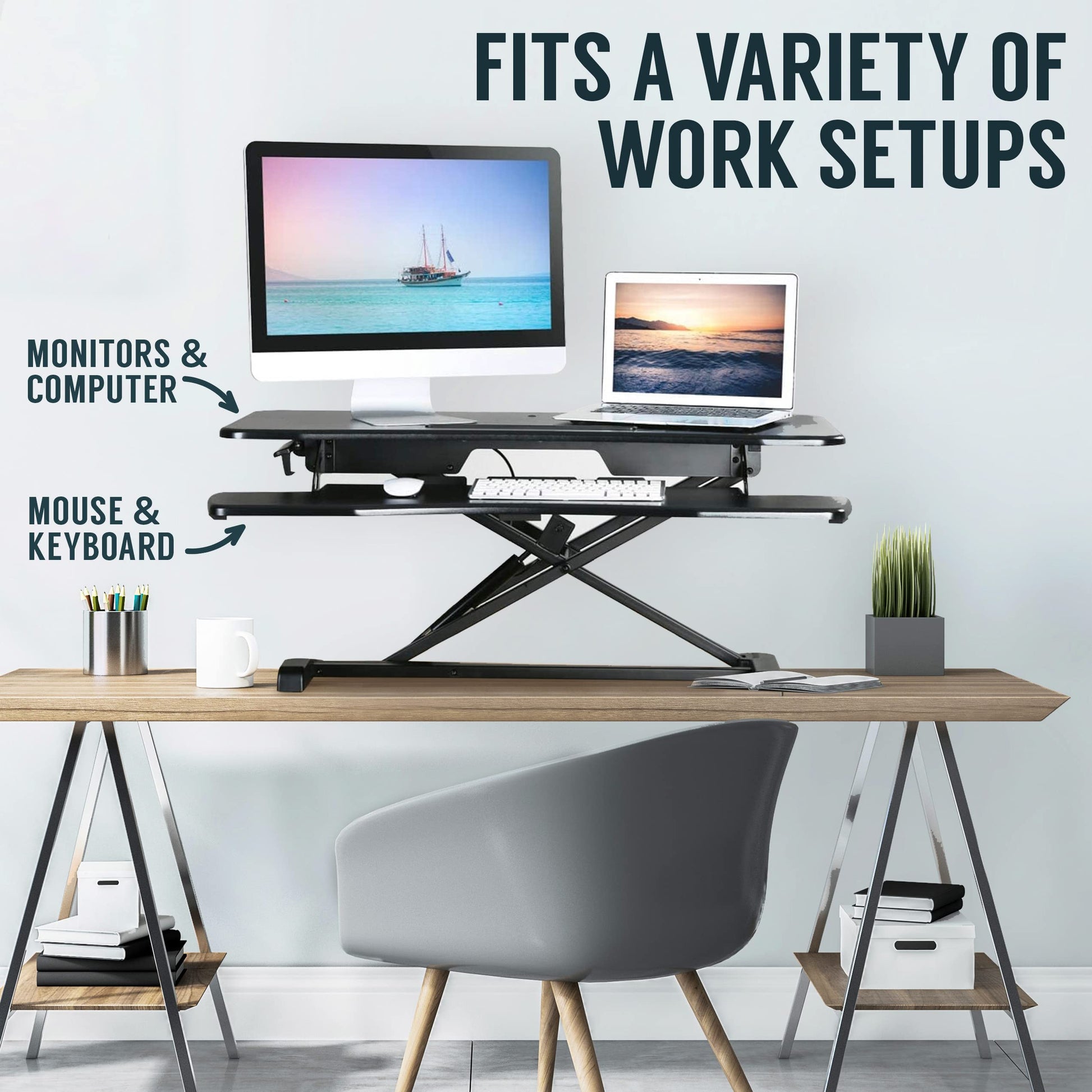 TechOrbits Standing Desk Converter-32-inch Height Adjustable, MDF Wood, Sit Riser-Black, 32" - WoodArtSupply