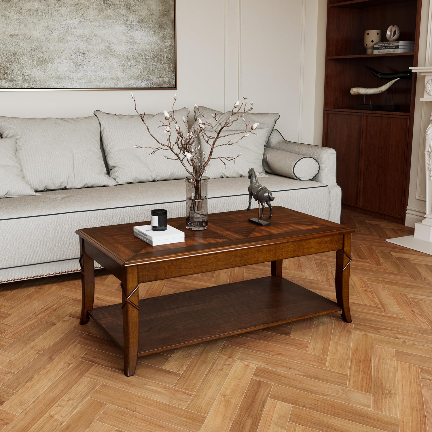 UMARTY Rectangle 43" Solid Wood Coffee Table, Handmade Crafts Living Room Furniture, Mid-Century Modern Coffee Table with Storage Shelf, Cherry UMARTY