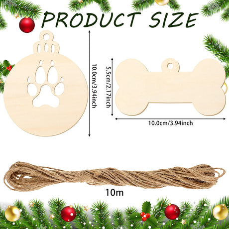 48 Pieces Christmas Dog Paw Wooden Ornaments Hanging Personalized Dog Ornaments Dog Bone Ornaments Pet Memorial Blank Ornaments Pet Name Tags with Jetec