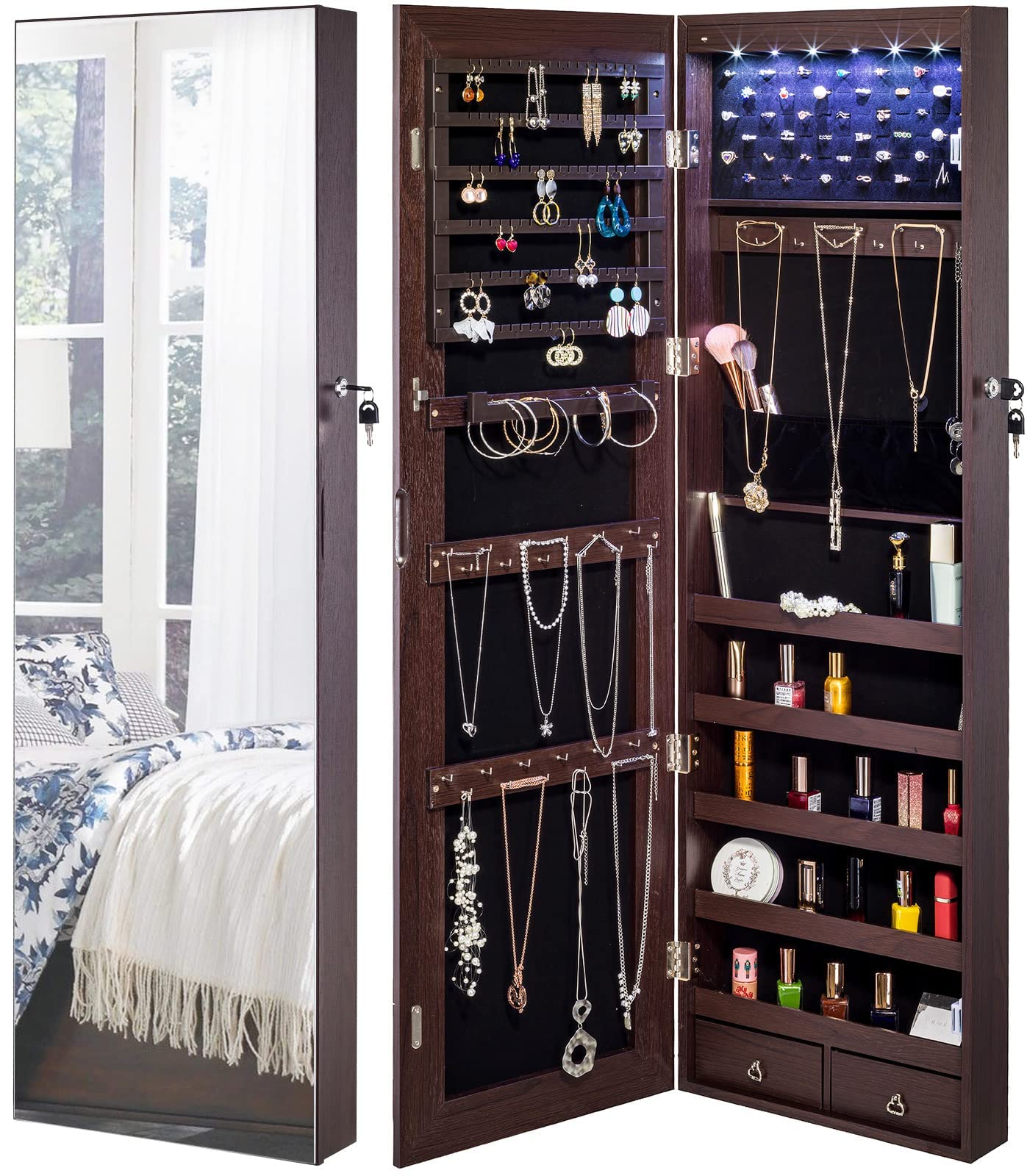 YOKUKINA Jewelry Mirror Armoire Cabinet, Large Storage Organizer w/LED Light, Door-Hanging/Wall-Mounted Lockable, Brown