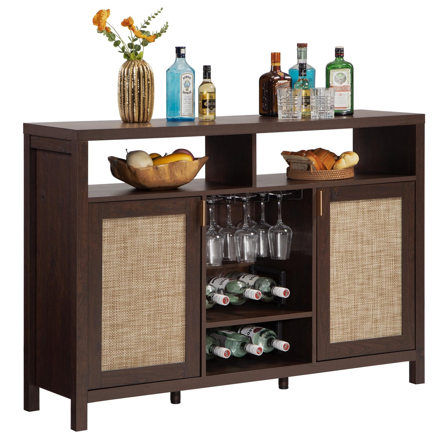 SICOTAS Rattan Coffee Bar Cabinet, 51" Sideboard Buffet Cabinet with Storage, Farmhouse Liquor Cabinet with Wine Racks Credenza Console Buffet Table