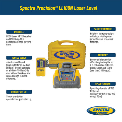 Spectra Precision LL100N Laser Level, Self-Leveling laser with HR320 Receiver, C59 Rod Clamp, Alkaline Batteries, Carry Case , Yellow - WoodArtSupply