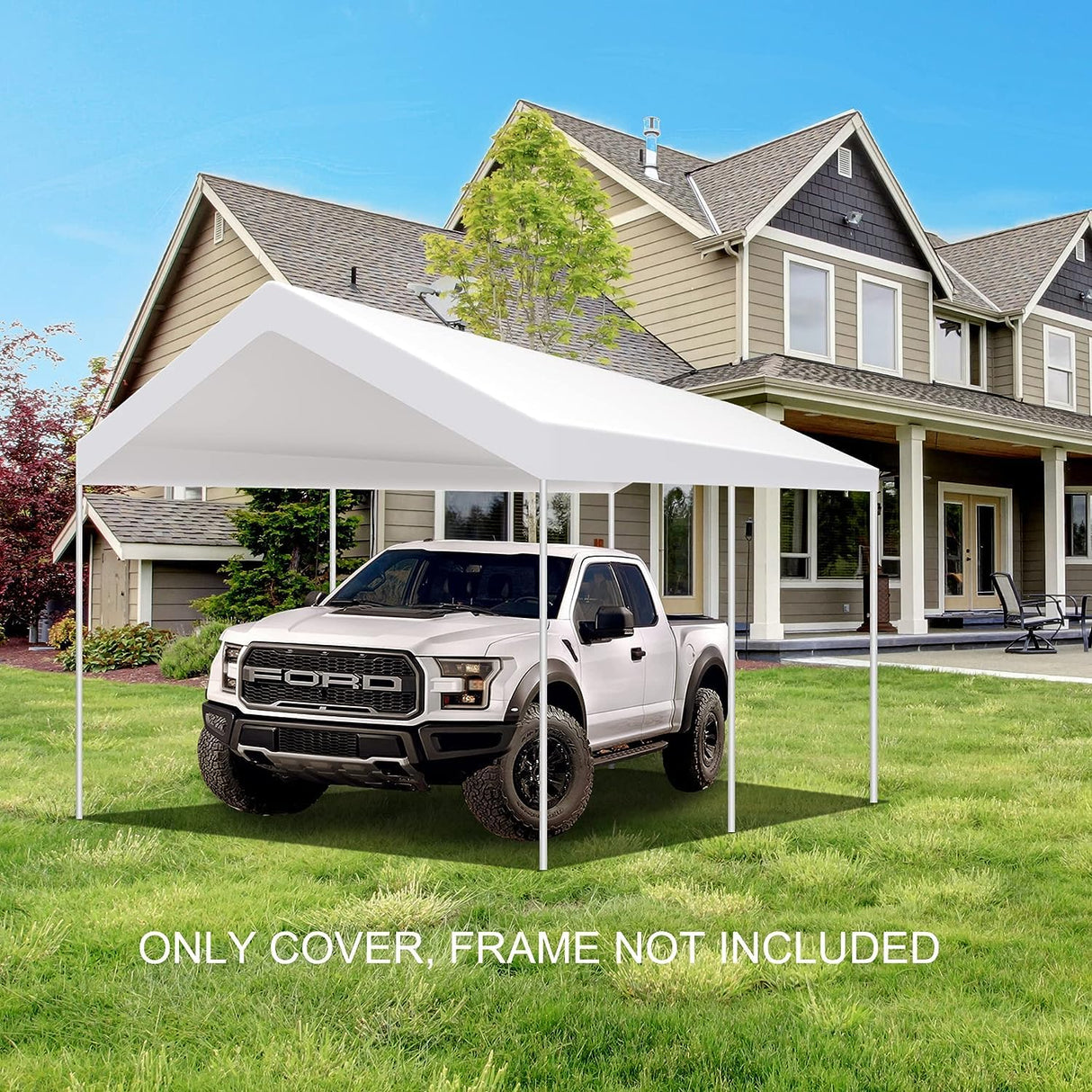 TGEHAP 10'x20' Carport Replacement Top Canopy Cover White for Car Garage Top Tarp Shelter Waterproof & UV Protected w/Ball Bungees (Only Top Cover, TGEHAP