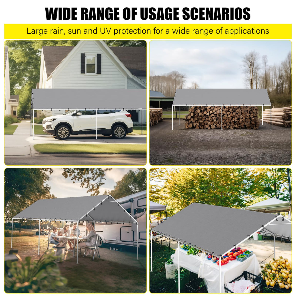 DWALE 10 x 20 Ft Carport,Replacement Canopy Cover Garage Top Tent Shelter Tarp,Grey with 48 Ball Bungee Cords Waterproof & UV Protected (Only Tarp DWALE