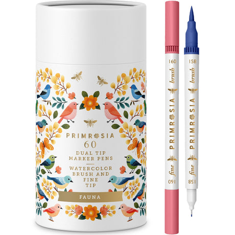 Primrosia Fauna - 60 Dual Tip Watercolor Brush and Fine Tip Pens. Marker Pens for Art Sketching Illustration Calligraphy Permanent Highlighter Bullet Primrosia