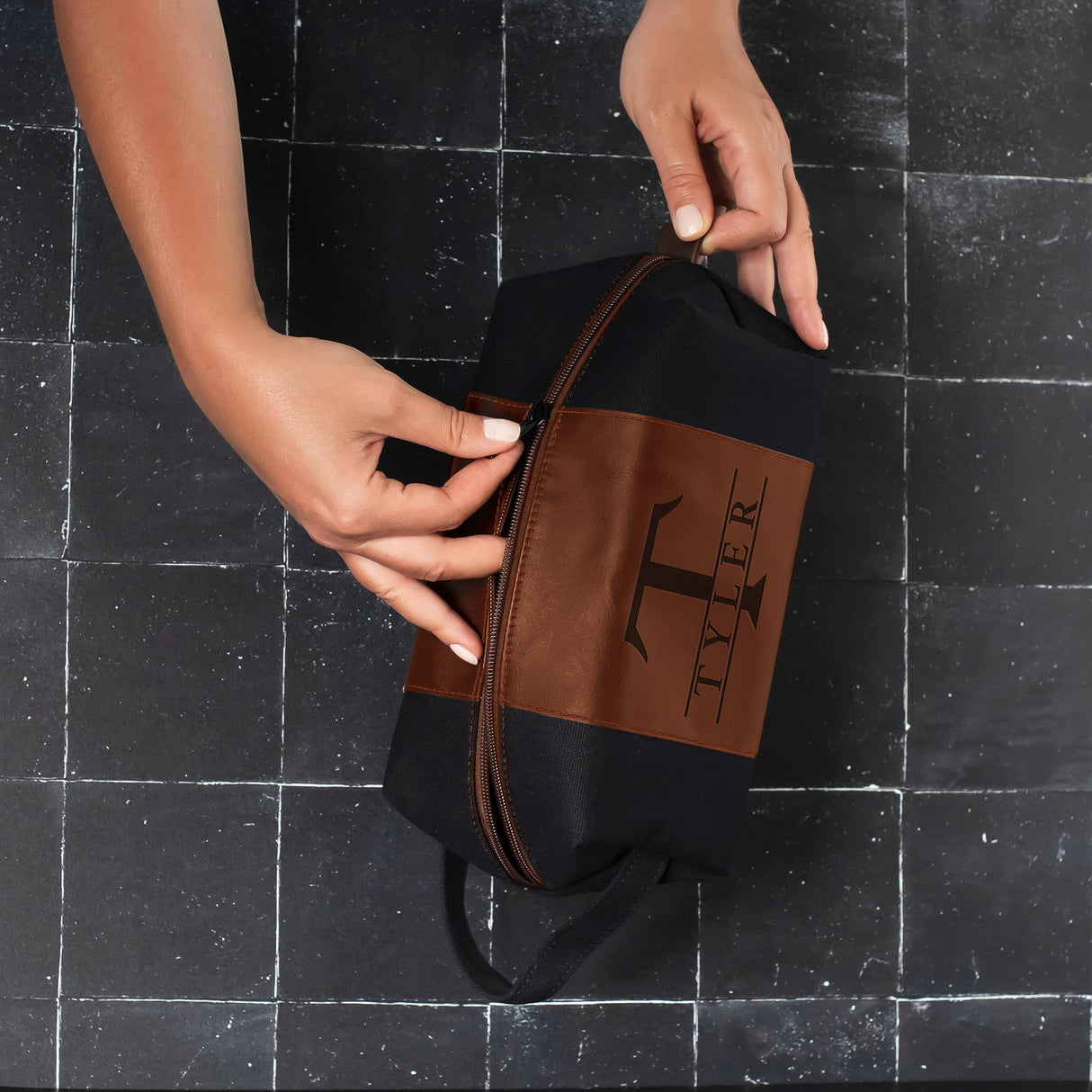 Toiletry Bag for Men Personalized, Laser Engraved Initial & Name on Leather, Custom 4 Canvas Colors - Gift for Husband, Dad, Boy Friend, Handcrafted GIFTBYGIFTY