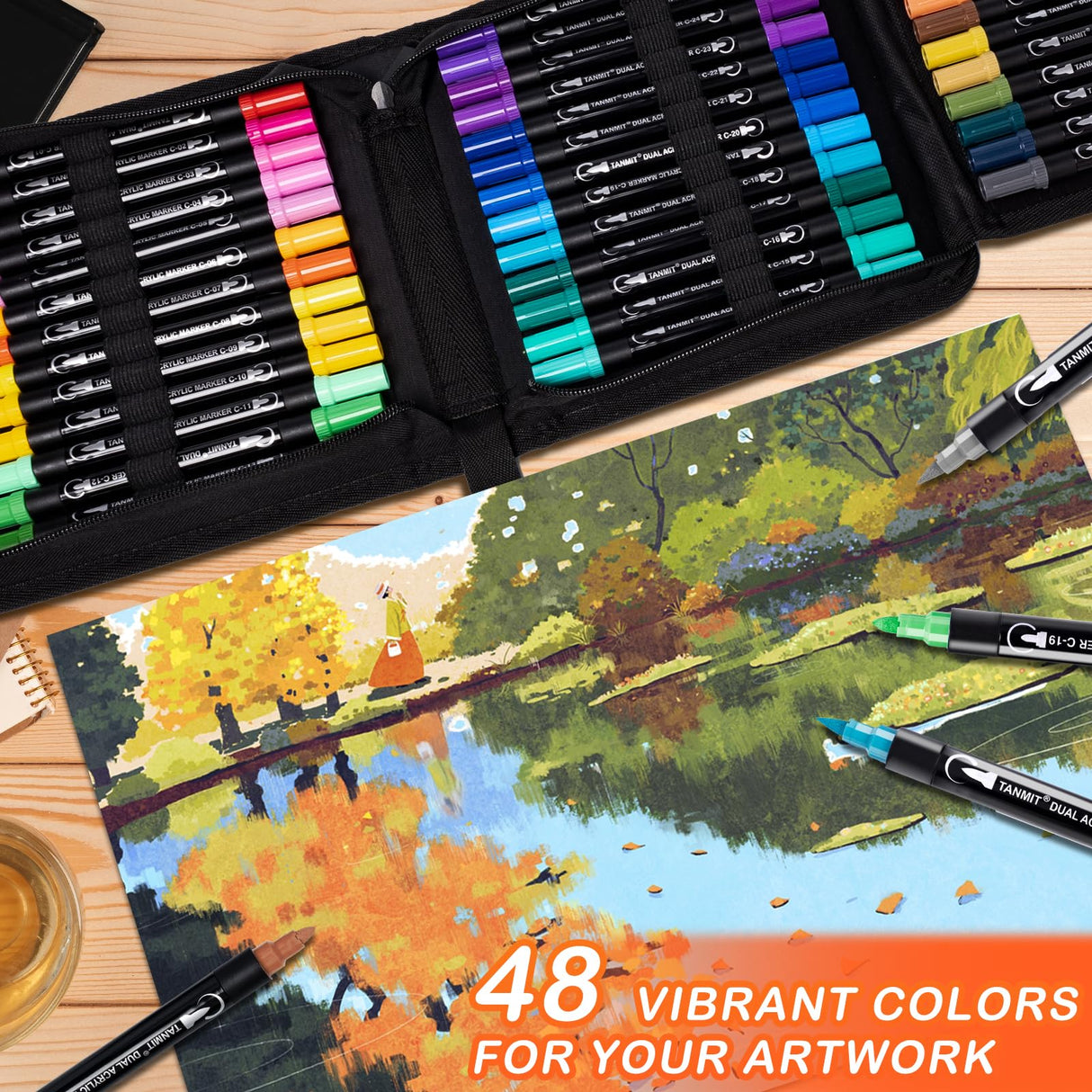 48 Colors Acrylic Paint Pens, Dual Tip Acrylic Paint Markers with Brush Tip and Fine Tip, Acrylic Pens for Rock Painting, Wood, Canvas, Stone, Glass, TANMIT