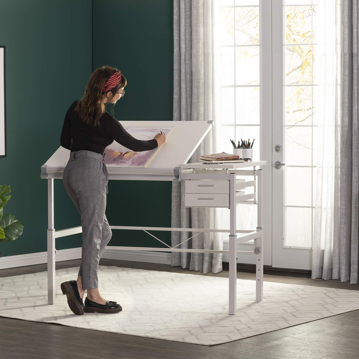 Studio Designs Graphix II Pro Line Split Top Height Adjustable Drafting, Drawing Table with 39.5" x 30" Tilting Top,White SD Studio Designs