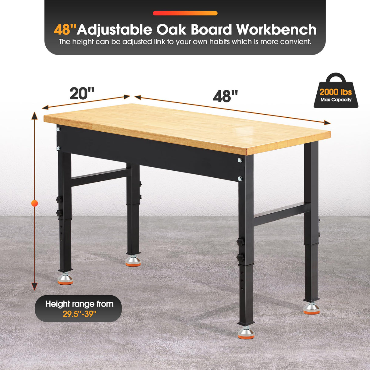Antifir 48" Adjustable Workbench,Heavy Duty Workstation with Rubber Wood Top, 2000 LBS Load Capacity Hardwood Garage Workbench for Antifir
