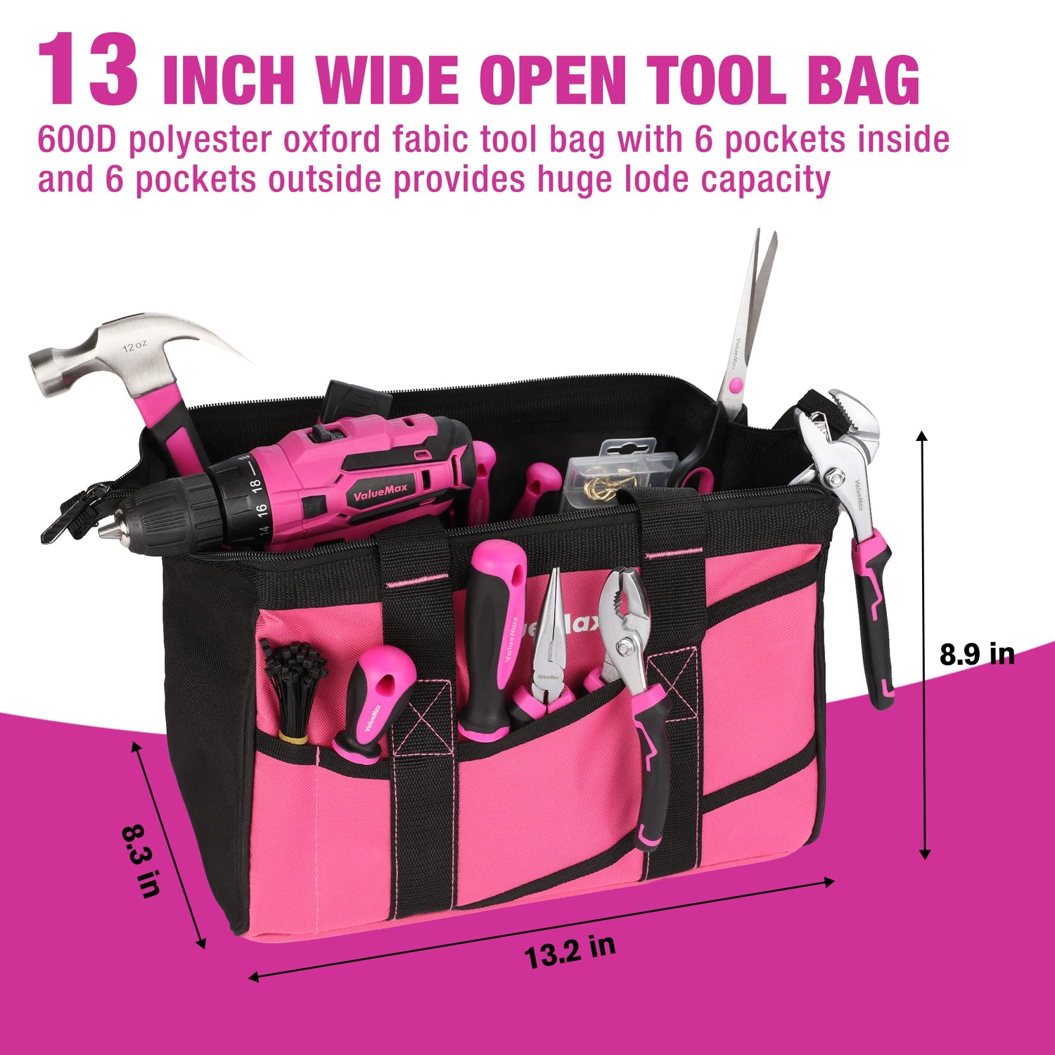 ValueMax Home Tool Kit with Drill, 238-Pieces Pink Tool Set with 20V Cordless Lithium-ion Drill, Power Tool Set with Wide Mouth Open Storage Bag, ValueMax
