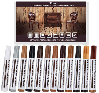 Lifreer Revolutionary Furniture Touch Up Markers, 12 Colors Wood Scratch Repair Markers Kit - Perfect for Stains, Scratches, Wood Floors, Tables, and