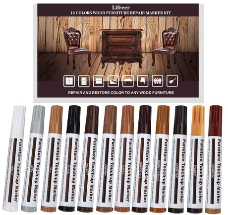 Lifreer Revolutionary Furniture Touch Up Markers, 12 Colors Wood Scratch Repair Markers Kit - Perfect for Stains, Scratches, Wood Floors, Tables, and Lifreer