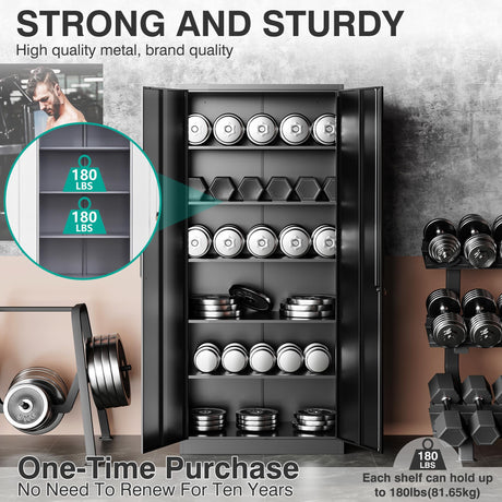 Metal Garage Storage Cabinet with 2 Doors and 5 Adjustable Shelves 71" Pantry Cabinet Utility Storage Cabinet Locking Steel Storage Cabinet Utility SISESOL