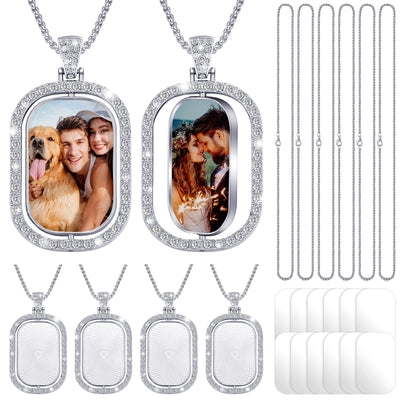 Junkin 24 Pcs Sublimation Rhinestone Trays Pendant Set, Including 6 Double Sided Blank Rhinestone Bezel Trays, 6 Pcs Thick Chains with 12 Sublimation