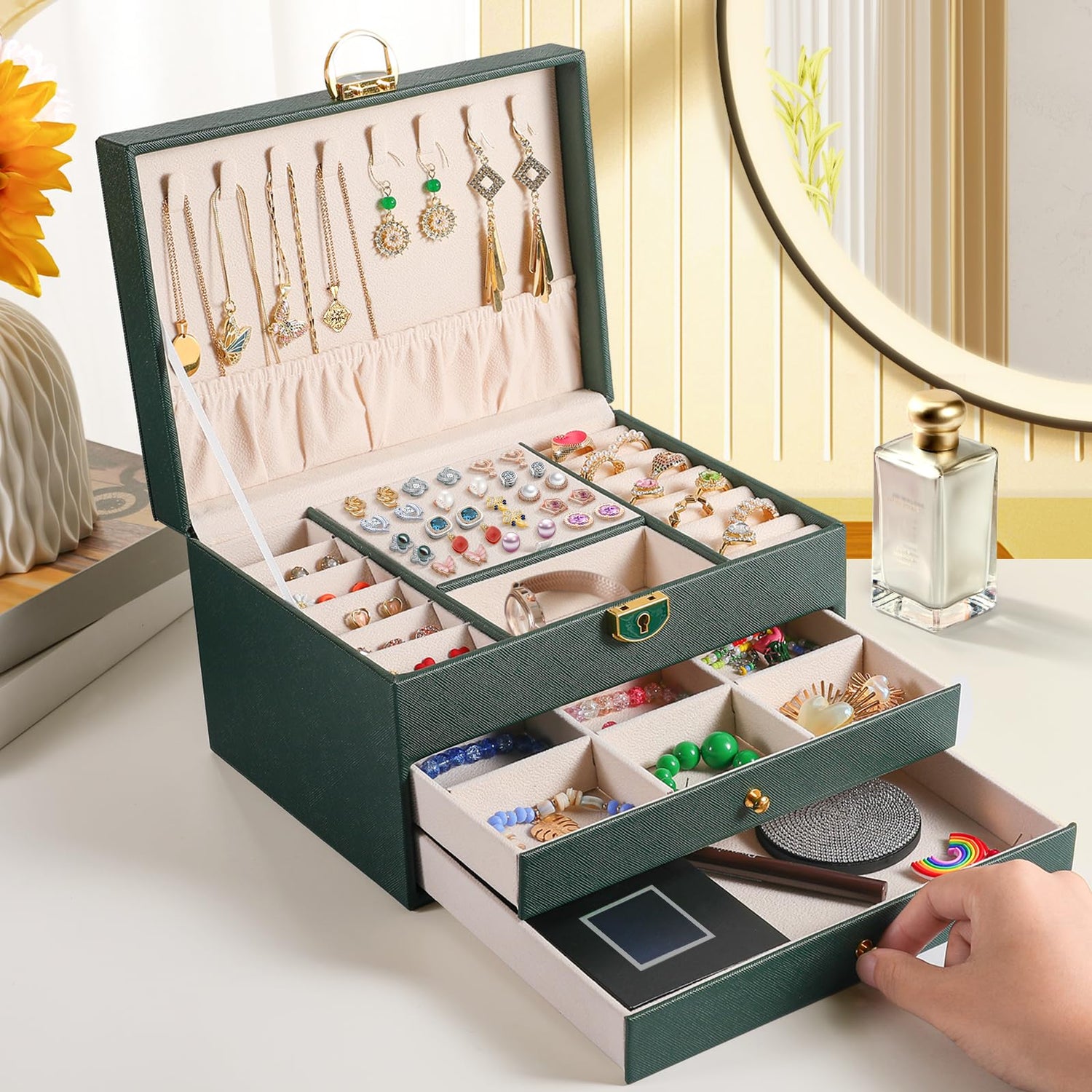 coobest 3 Layer Jewelry Box, Jewelry Holder Organizer with Jewelry Organizer Drawer, Large Jewelry Boxes & Organizer with Velvet Earring Organizer, coobest