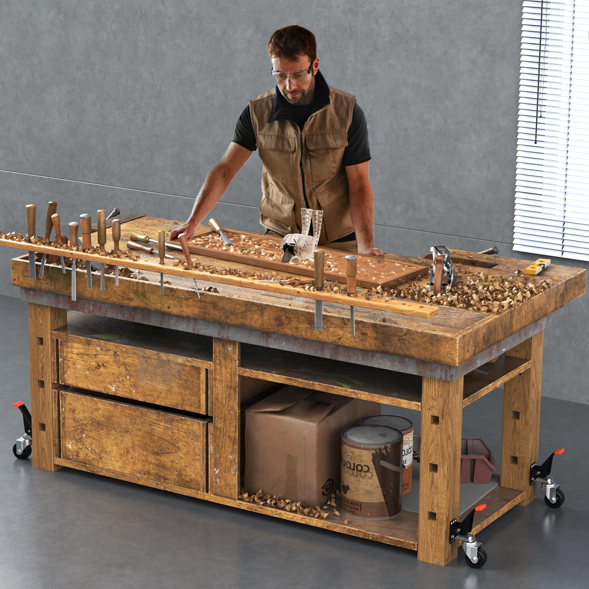 SPACEKEEPER Workbench Casters kit 920 Lbs Retractable Casters Heavy Duty Bench Caster Wheels Side Mounted Retractable Workbench Wheels Designed for SPACEKEEPER