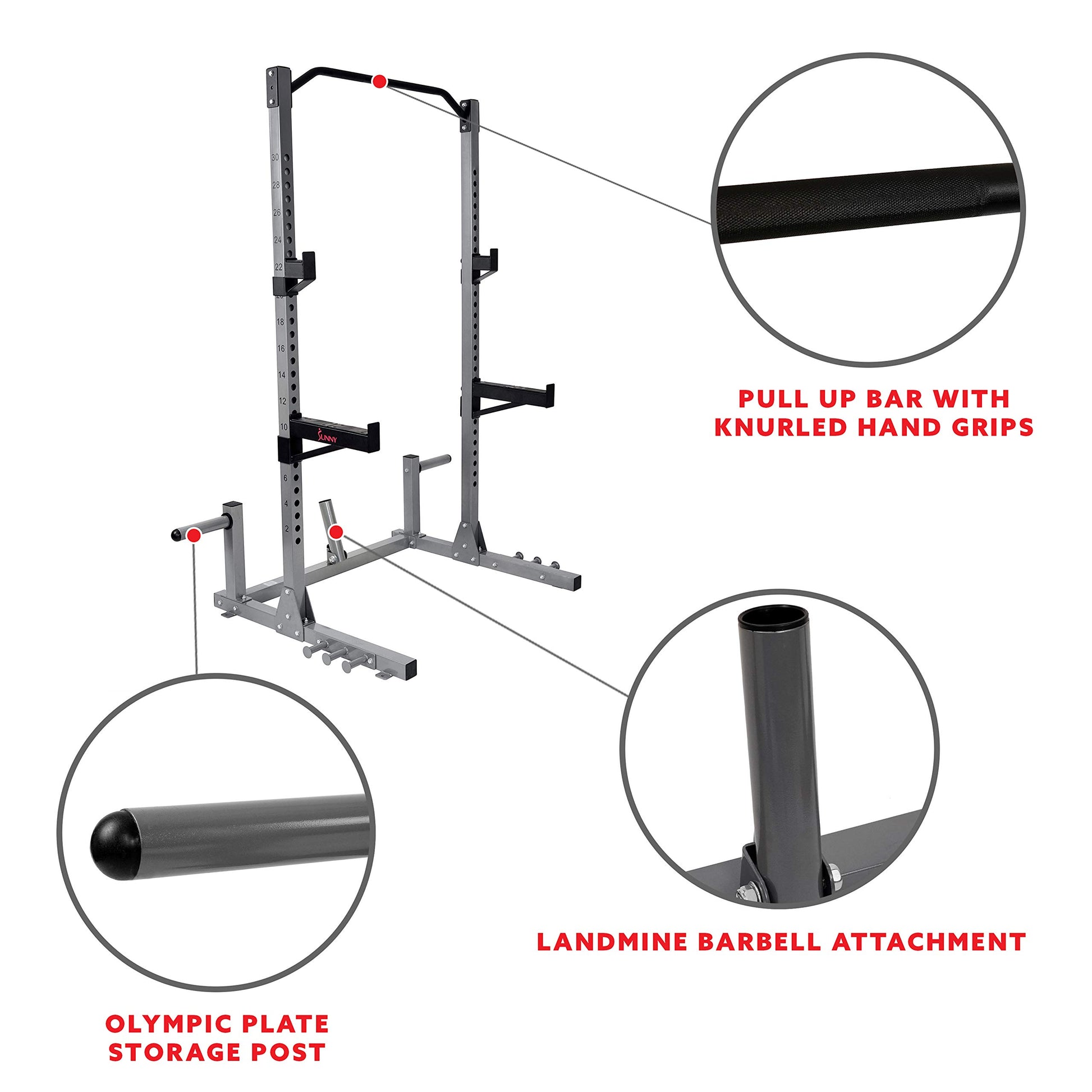 Sunny Health & Fitness Power and Squat Rack with High Weight Capacity, Olympic Weight Plate Storage and 360° Swivel Landmine and Power Band - WoodArtSupply