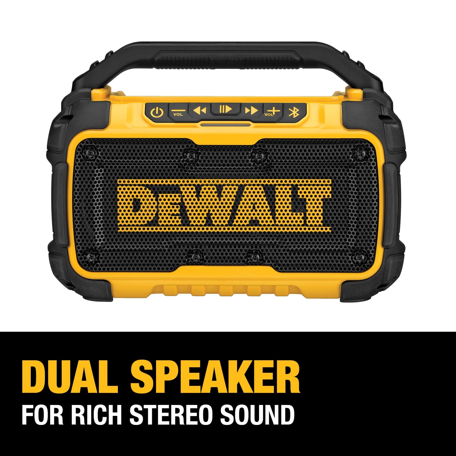 DEWALT 20V MAX Bluetooth Speaker, 100 ft Range, Durable for Jobsites, Phone Holder Included, Lasts 8-10 Hours with Single Charge (DCR010), DEWALT