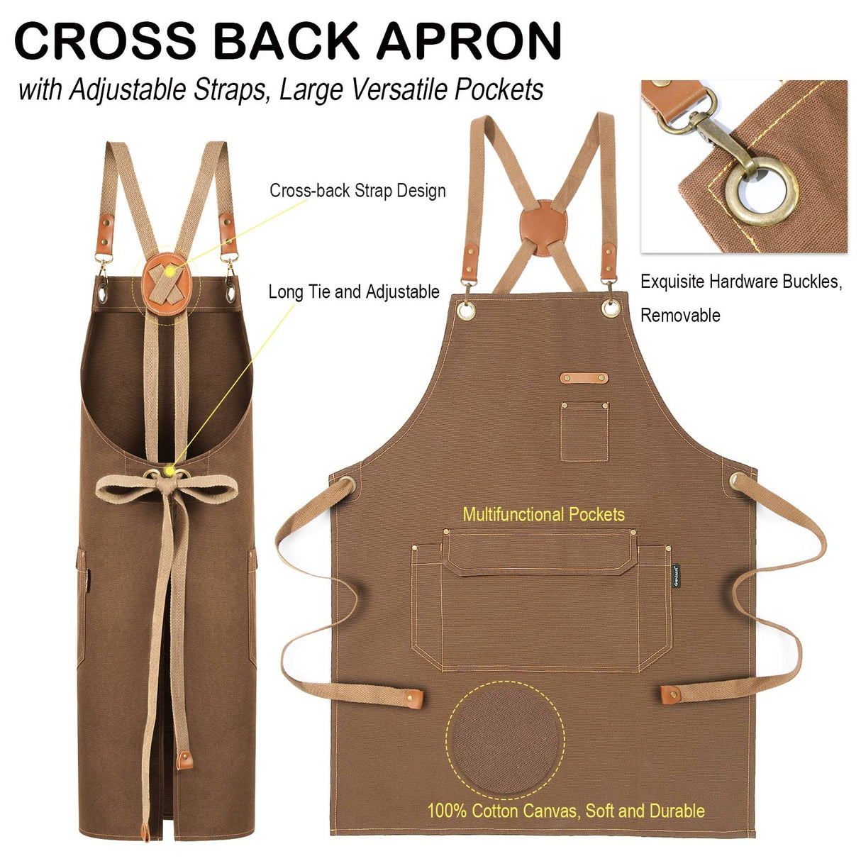 Chef Apron for Men Women with Gift Box Pack, Cross Back Apron with Pockets for Kitchen Cooking Baking Artist Painting, Cotton Canvas Work Aprons for Genixart