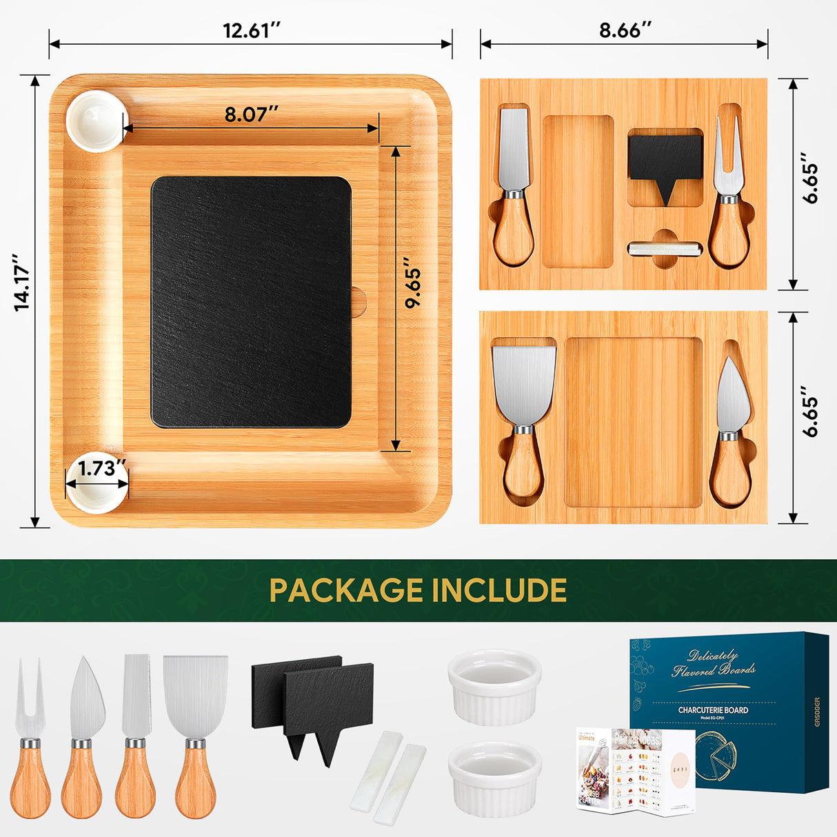 Easoger Large Bamboo Charcuterie Board with 2 Drawers, Knife and Bowls - Unique Housewarming, Wedding and Bridal Gift Easoger
