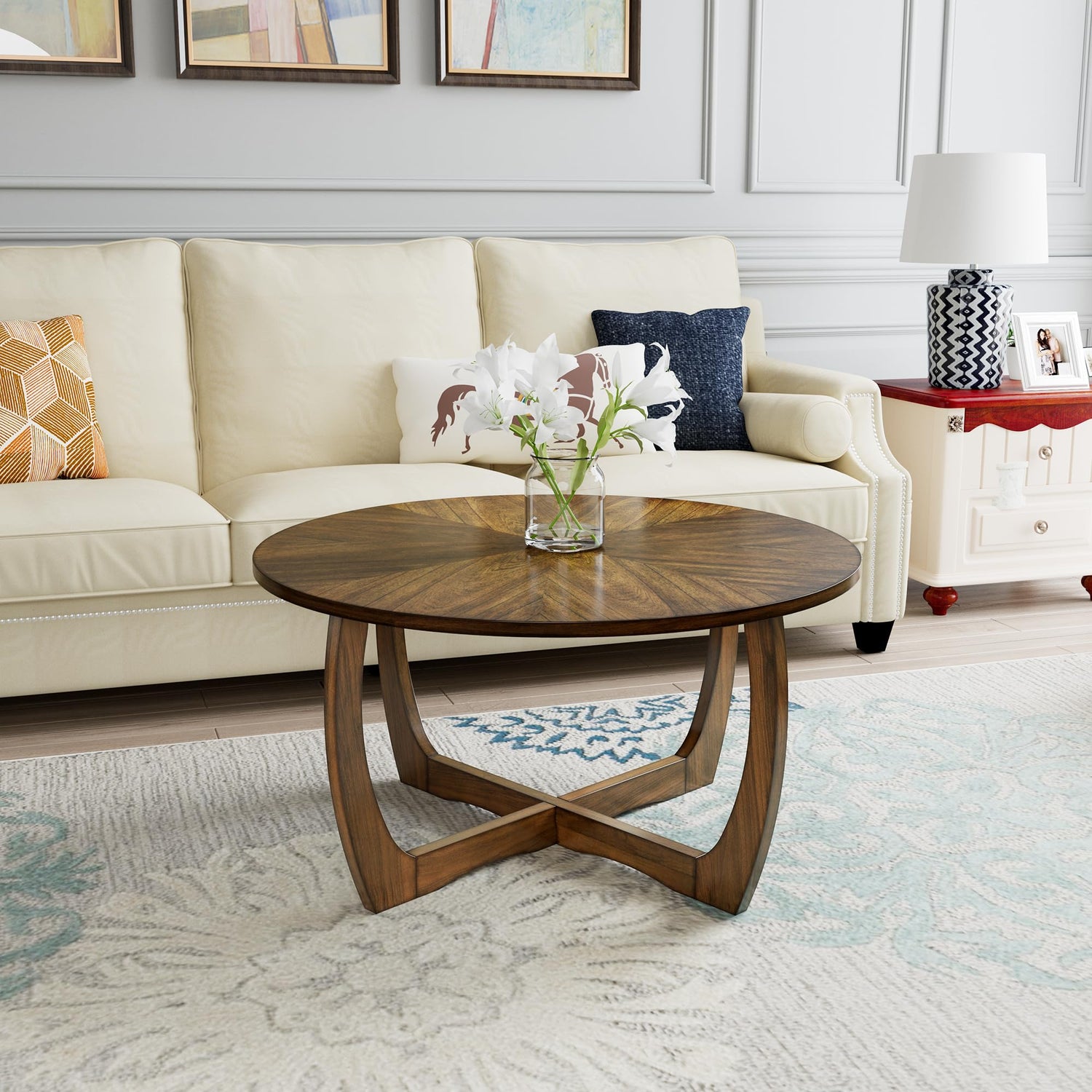 LEEMTORIG Round Coffee Table for Living Room Patio, 33.5" Mid-Century Modern Drum Round Wood Coffee Table with Cross Legs, Wood Grain Circle Coffee LEEMTORIG