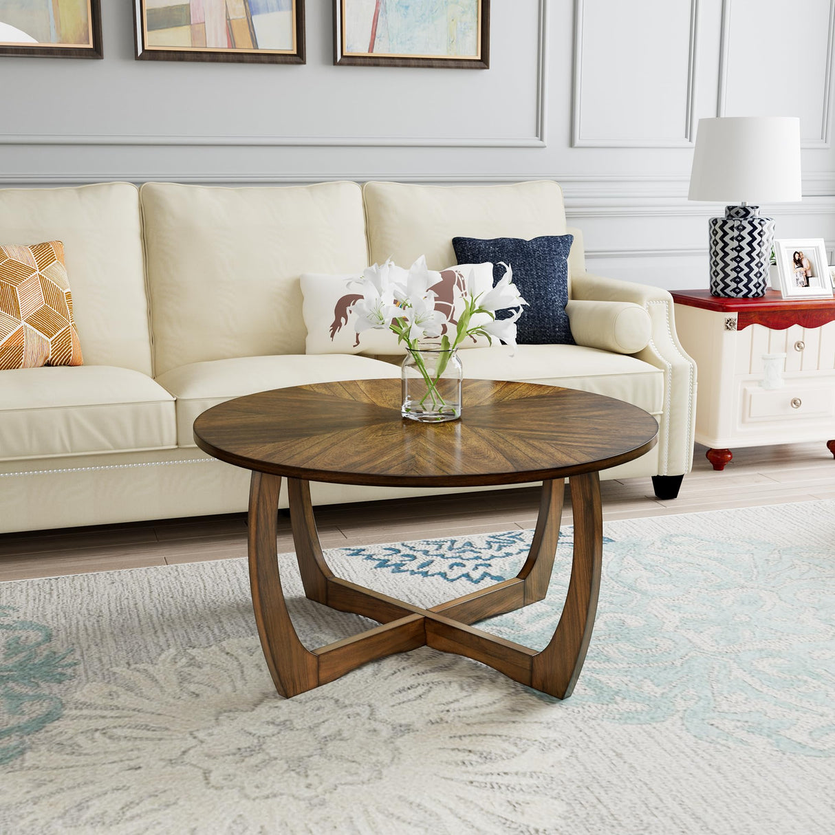 LEEMTORIG Round Coffee Table for Living Room Patio, 33.5" Mid-Century Modern Drum Round Wood Coffee Table with Cross Legs, Wood Grain Circle Coffee LEEMTORIG