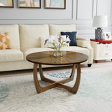 LEEMTORIG Round Coffee Table for Living Room Patio, 33.5" Mid-Century Modern Drum Round Wood Coffee Table with Cross Legs, Wood Grain Circle Coffee LEEMTORIG