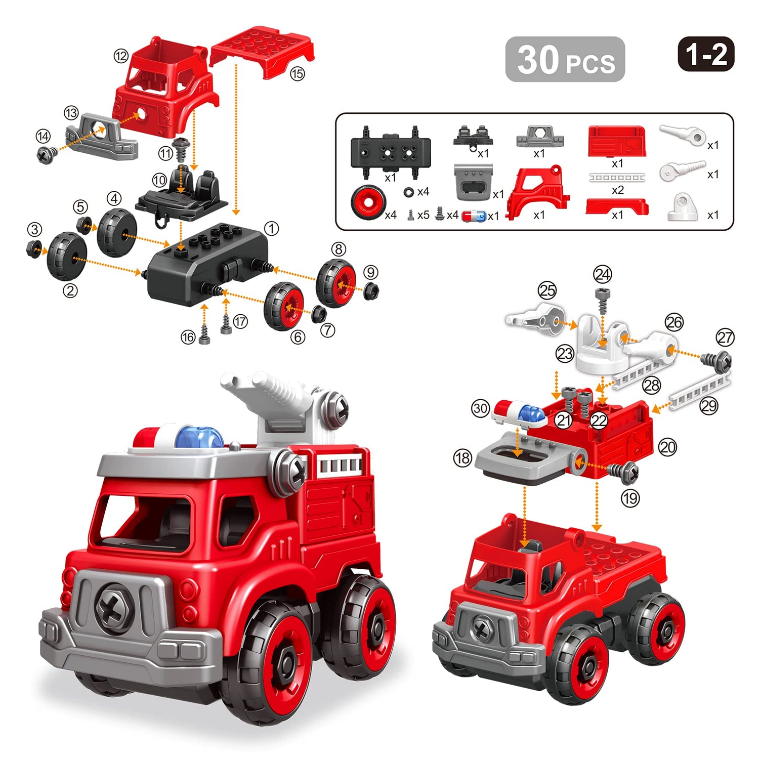 4-in-1 Take Apart Toys Truck with Electric Drill, DIY Assembly Fire Truck Toy Vehicles, Kids STEM Building Educational Cars Toys, Birthday Gifts for Toyk