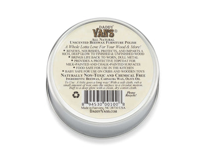 Daddy Van's All Natural Unscented Beeswax Furniture Polish - Food Safe Wood Conditioning Salve Nourishes and Protects Furniture, Cabinets, Antiques - WoodArtSupply