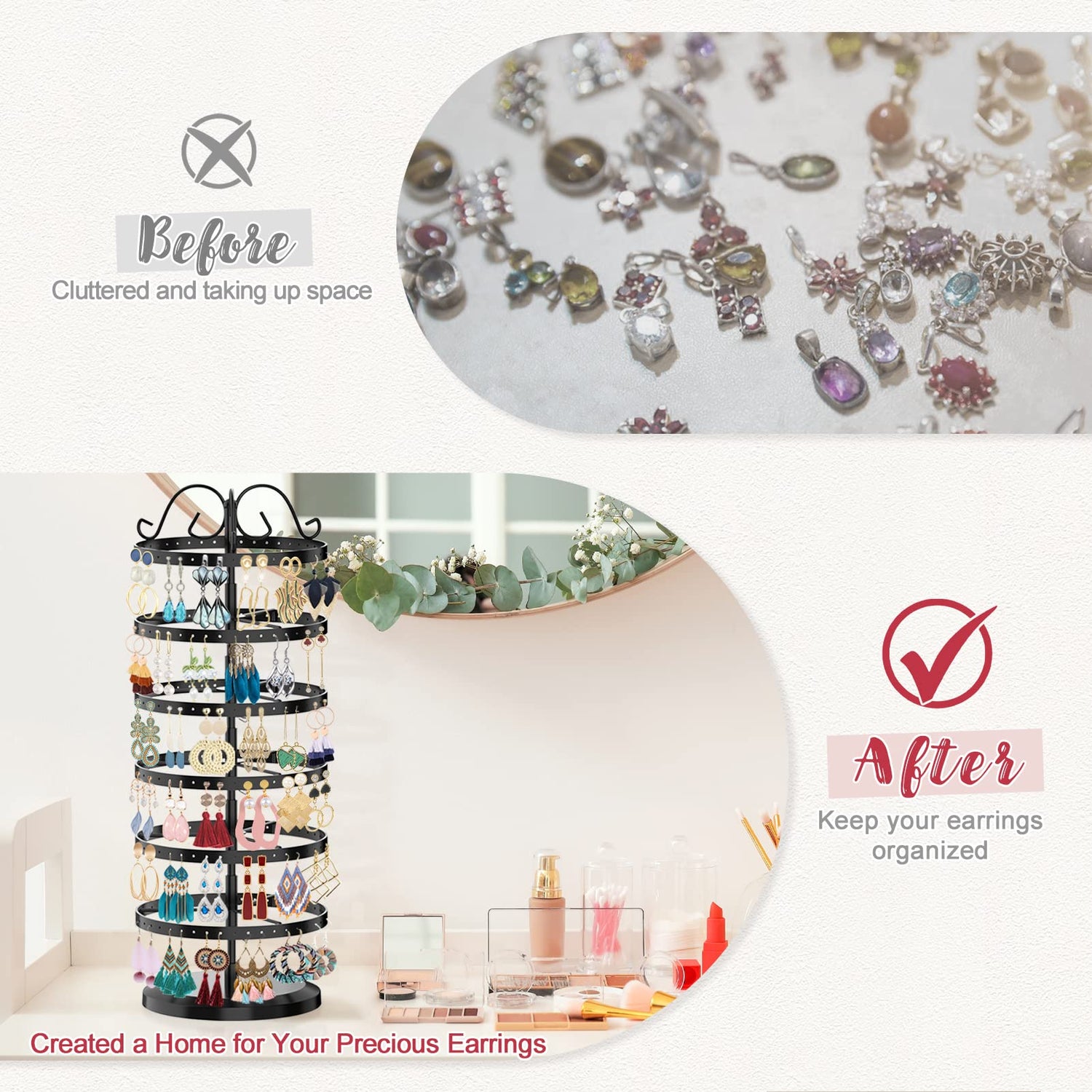 iDavosic.ly 6 Tier Metal Rotating Earring Holder Organizer, 264 Holes Earring Storage Display Tower Rack, Adjustable Earring Tree Organizer for Women iDavosic.ly