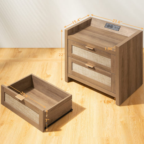 SICOTAS Night Stand Set of 2 - Rattan Nightstands with Type-C Charging Station & 2 Rattan Drawers - Boho Bed Side End Table for Small Space - Natural SICOTAS